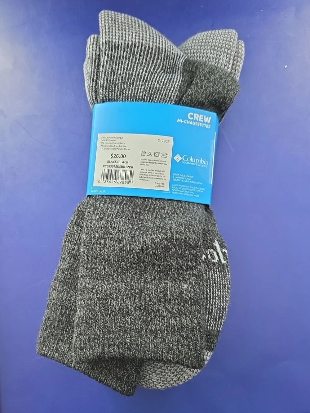 Columbia Men’s Work Socks - Dark Gray / Black (2 Pairs)  Shoe Size 6 - 12